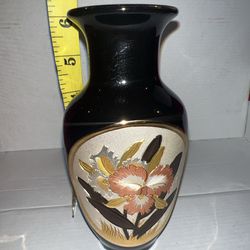 Vintage Black Fine China Vase With Flowers. Made In Japan