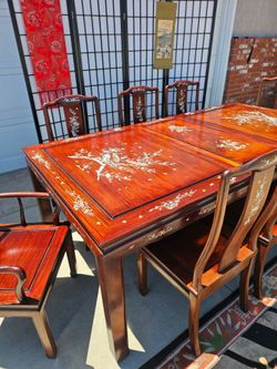 Gorgeous Vintage Chinese Rosewood Dining Set with Mother of Pearl Inlay and 8 Chairs