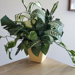 Faux Plant Decor In Yellow/White Ceramic Vase