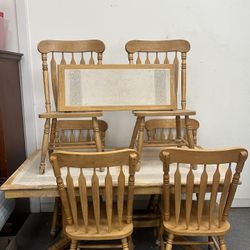 Vintage Oak Dining Set with Tiled Top & 6 Spindle-Back Chairs