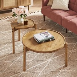 Dylan Coffee Table, Small Round Coffee Table Set, 2 Piece Solid Wood, Boho, Farmhouse, Rustic, Modern, Circle, Living Room Table, Nesting Tables, with