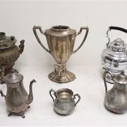 3 samovars, teapot, coffee pot, etc