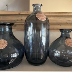 Set of 3 NWT Smoky Blue Recycled Glass Vases - Made in Spain