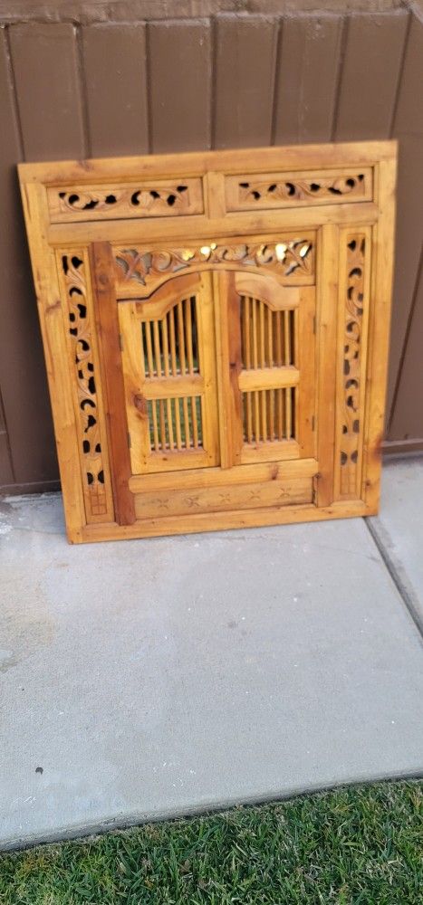 Vtg Balinese Carved Wooden Western Swing Doors Wall Hanging Mirror