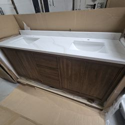 VINNOVA Cairo 72"  Double Bath Vanity in Washed Ash Grey with Fish Maw White Quartz Stone Top