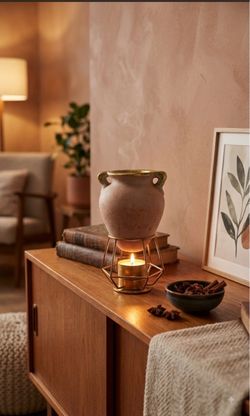 Vintage-early/mid century-Italian art pottery-terracotta oil/insense jar warmer + stand