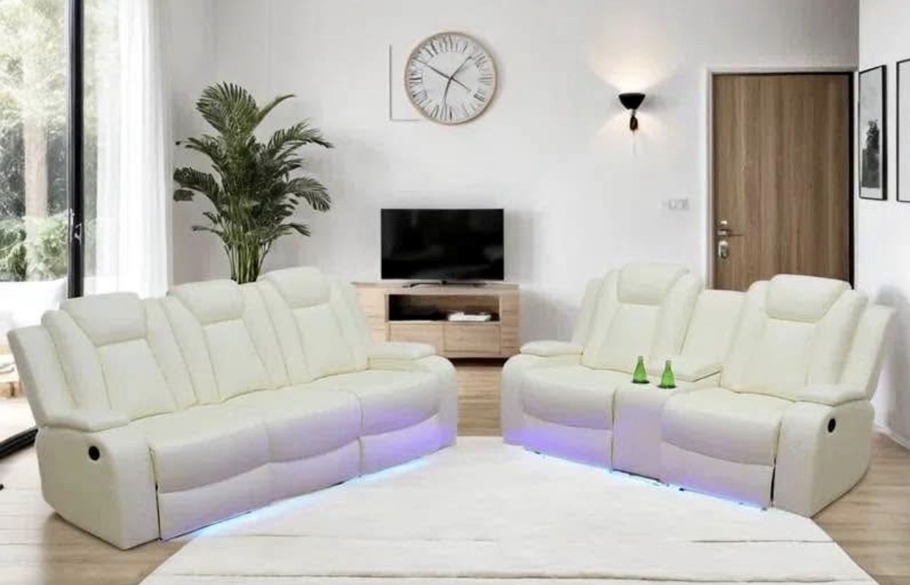 Power Electric White Leather Fully Reclining Couch Set