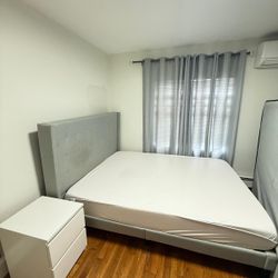 Complete Bedroom Set – Queen Bed + Mattress + Nightstand + Curtains – Great Condition 