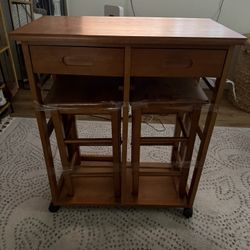 Wood  Island/Cart on wheels with two stools