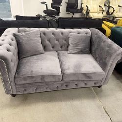 Mid Century Modern Loveseat Sofa, 63.5"W Velvet Fabric Button Tufted Small Couch with Nailhead Trim & Roll Armrest,