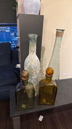 Set of two large decorative vases and two decorative large glass decanters in perfect condition