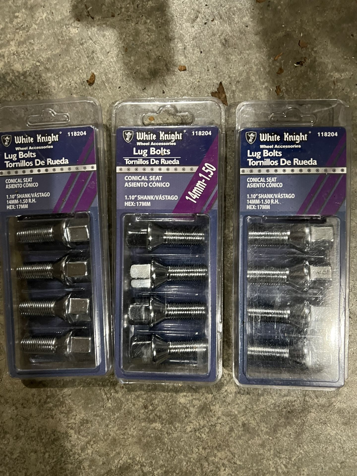 Lot Of 3 White Knight 118204 Conical Seat Lug Nuts, 14MM X 1.50, 1.10" Shank