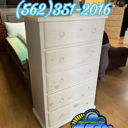 Tall White Wash Jumbo Double Knob 5 Drawer Chest Dresser- Mueble Blanco 5 Gavetas Madera Sólida