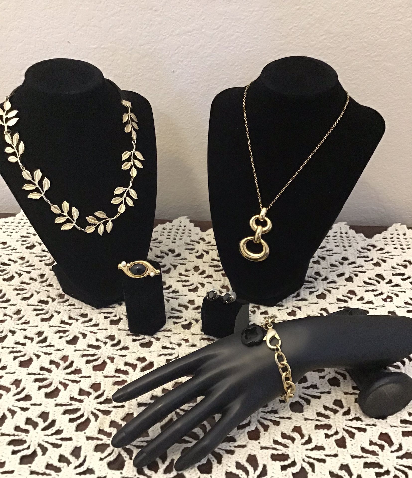 Jewelry Lot in Gold Tone.  1 Necklace, 1 Pair of Earrings, 1 Chain Bracelet, 1 Gold/Black Pin & 1 Romantic Vintage Branch + Leaves Hair Band/headband