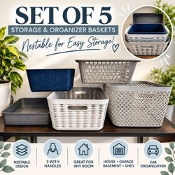 LOT OF 5 PLASTIC STORAGE & ORGANIZER BASKETS / BINS – NESTABLE