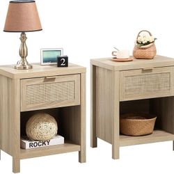 Nightstands Set of 2, Farmhouse Night Stand Bedside Table with Drawer and Storage Shelf - Boho End Side Table for Bedroom, Light Oak