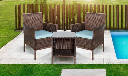 Outdoor Wicker Patio Conversation 3 Piece Bistro Set Garden Yard Porch Furniture Space Saving Rattan Two Chairs Cushions Side Storage Tempered Glass T