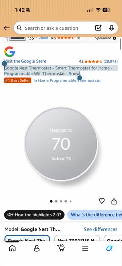 Google Nest Thermostat - Smart Thermostat for Home - Programmable Wifi Thermostat - Snow