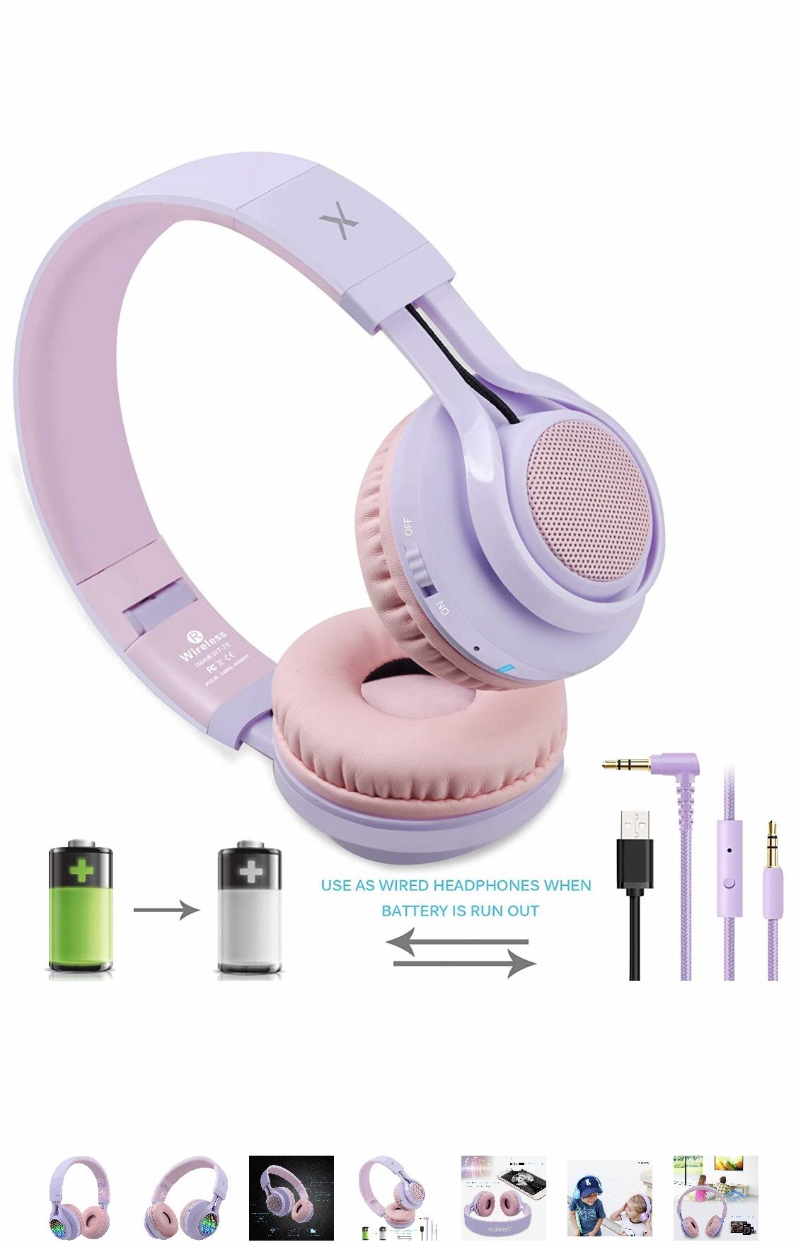 WT-7S Bluetooth Headphones Light Up, Foldable Stero Wireless Headset with Microphone and Volume Control for PC/Cell Phones/TV/iPad (Purple