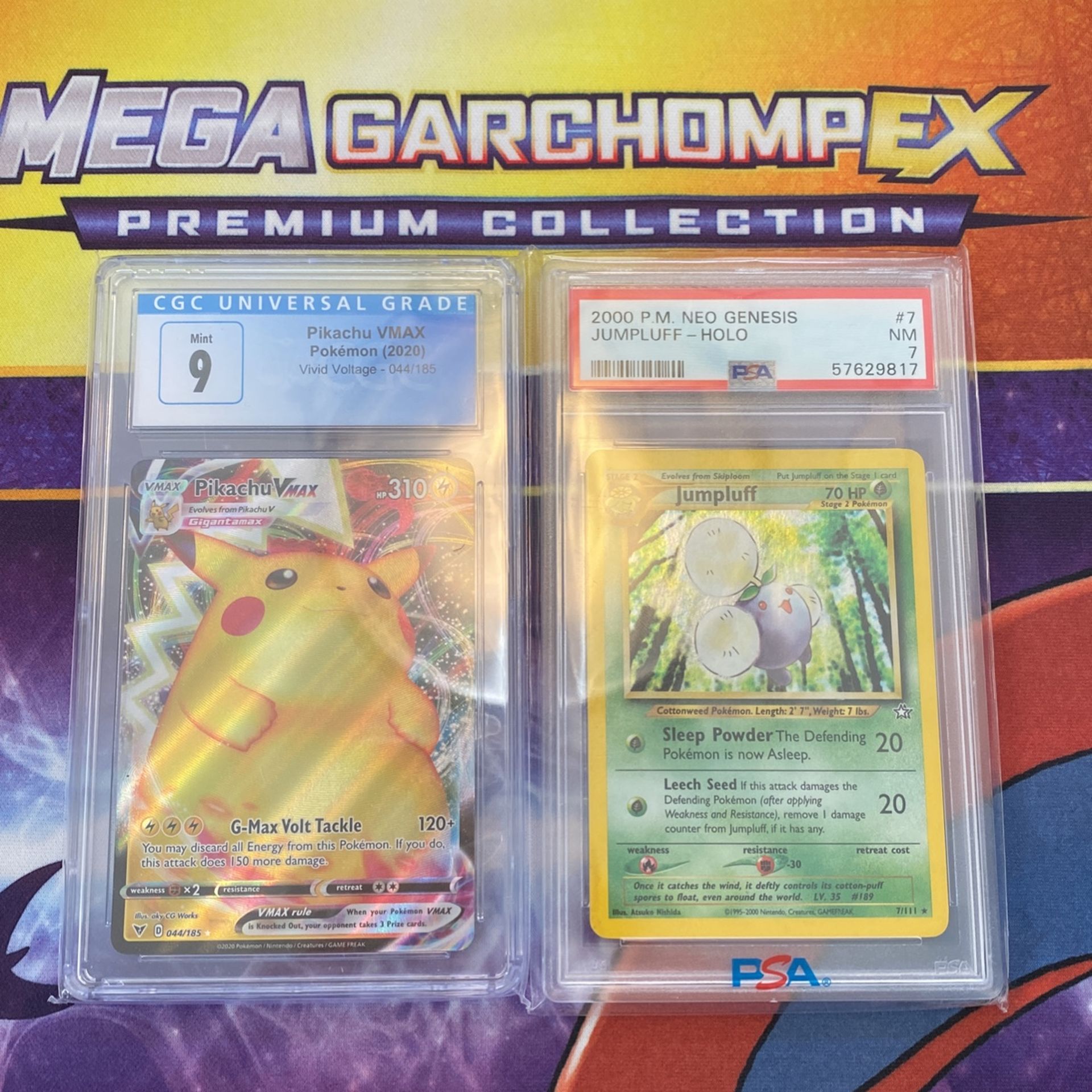 Graded Pokémon Cards Pikachu Vmax MINT and Jumpluff Holo Neo Genesis NM SWIRL