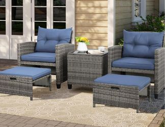 5 Piece Patio Furniture Set, Small Balcony Furniture, PE Wicker Rattan Patio Chairs Set of 2, Outdoor Lounge Chairs with Cushions Ottomans &Glass Tabl