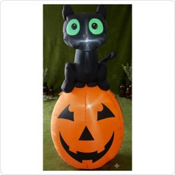 Cute Light-Up Black Cat on Pumpkin Halloween Inflatable (Approx. 55")
