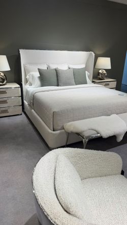 White Upholstered King Bed Frame with Wingback Headboard