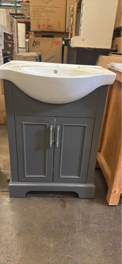 24” Gray Bathroom Vanity with White Ceramic Sink
