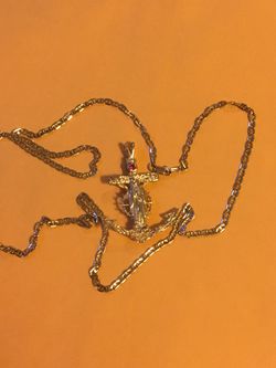 Dije de Ancla imágenes de Cristo y Virgen con cadena de oro sólido