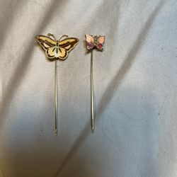 2 Gold Tone Enamel Butterfly Lapel Pins