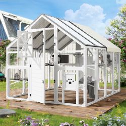 Extra Large Catio Outdoor Cat Enclosure, Walk-in Outdoor Pet House for Multiple Cats, Catio Cat Run Cage with Bridges, PVC Roof, Weatherproof Cover, 7