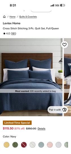 Cross Stitch Navy Full/Queen Quilt Set-Levtex Home
