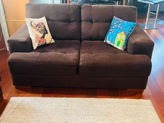 Brown Fabric Tufted Loveseat + Sofa