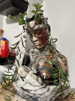 Handcrafted Ceramic Art piece Raku Fired Porcelain Pottery Breastfeeding Mother Earth With The Baby Plant Pot