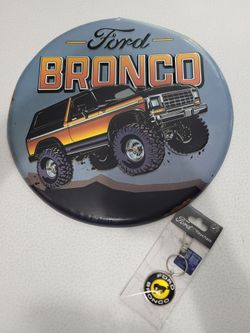 Ford Bronco Round Button 12 inch Metal Sign Mancave Garage & Keychain