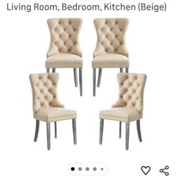 Velvet Dining Chairs Set Of 4, Upholstered Dining Chairs With Ring Pull Trim And Button Back, Modern Sitting For Living Room,  Bedroom  Kitchen, Beige