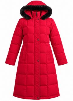 Centigrade Women’s Large Red Long Down Puffer Coat Faux Fur Hooded Winter Parka