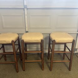 Vtg Wooden Upholstered Bar Stools H- 24”