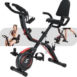 Folding Exercise Bike with Arm & Leg Bands, Foldable Stationary Bike for Seniors, Recumbent Exercise Bike for Home, Pluse Sensor, Back Rest, Large Sea