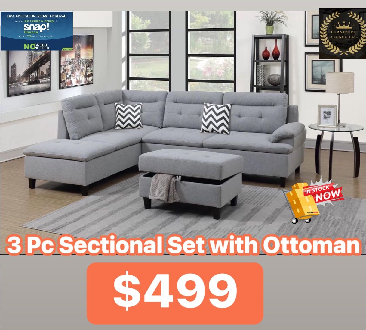 Ready To Go Today, 3 Pc Sectional With Ottoman.