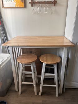 3-Piece White Solid Wood Breakfast Set Table Set + 2 Stools