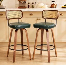 Rattan Bar Stools Set of 2,Upholstered PU Leather, 30''Counter Height Barstools with Back and Wood Legs,360°Swivel,Mid-Century Modern Bar Stool for Ki