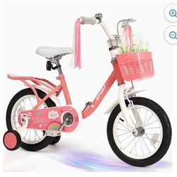 14Inch Kids Bike for Girls Boys  with Training Wheels Basket Streamer Toddler  Bike Rider 37 to 42 Inch - Pink S-3