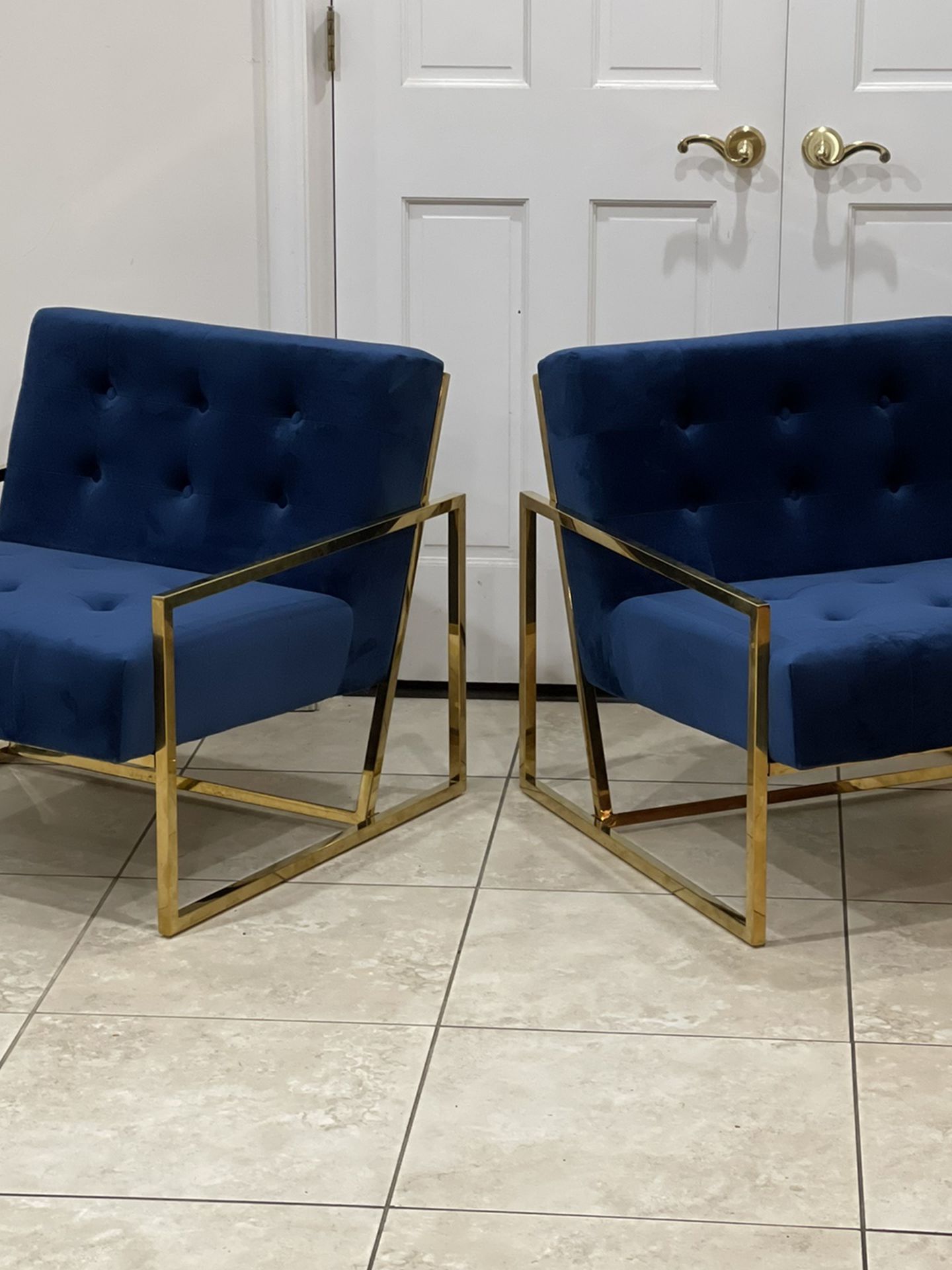 Brand New Blue Velvet Metal Frame Accent Chairs, Retails For Over $800