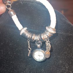 White Leather Rope Silver Charm Watch