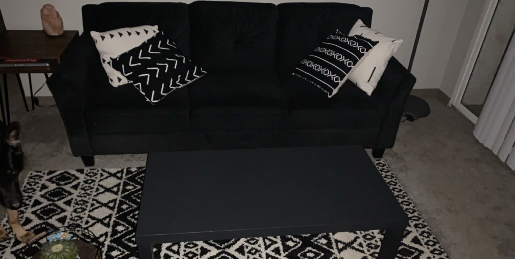 Black couch and coffee table