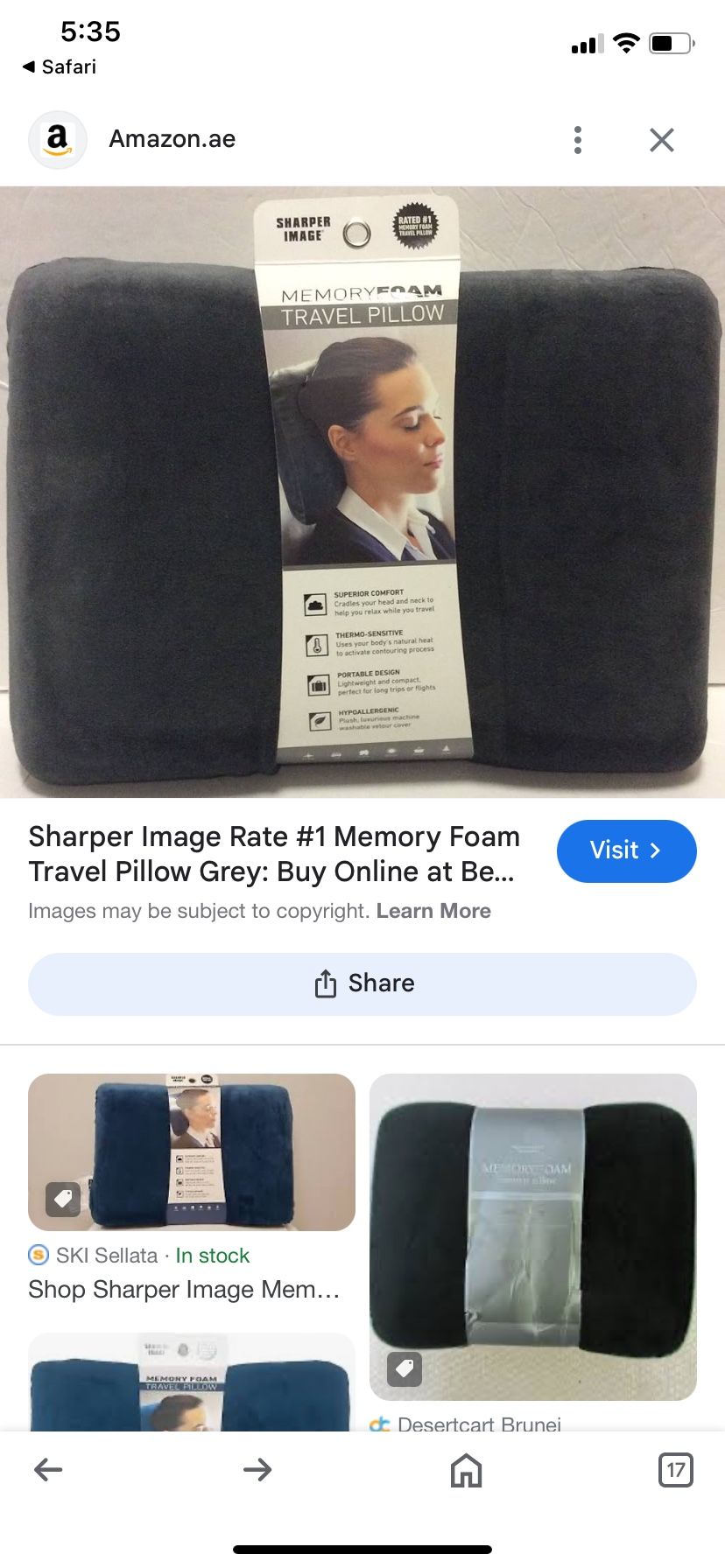 Sharper Image Rate #1 Memory Foam Travel Pillow Grey