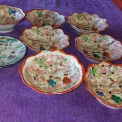Set of 8 Vintage geisha girl bowls hand painted made in Japan with scalloped edges A66V285