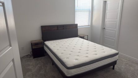 Selling this set queen mattress with bed frame and side nightstands