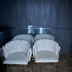 Round tempered Glass Dining Table Set For 4. Gold Round Table, White Chairs. 